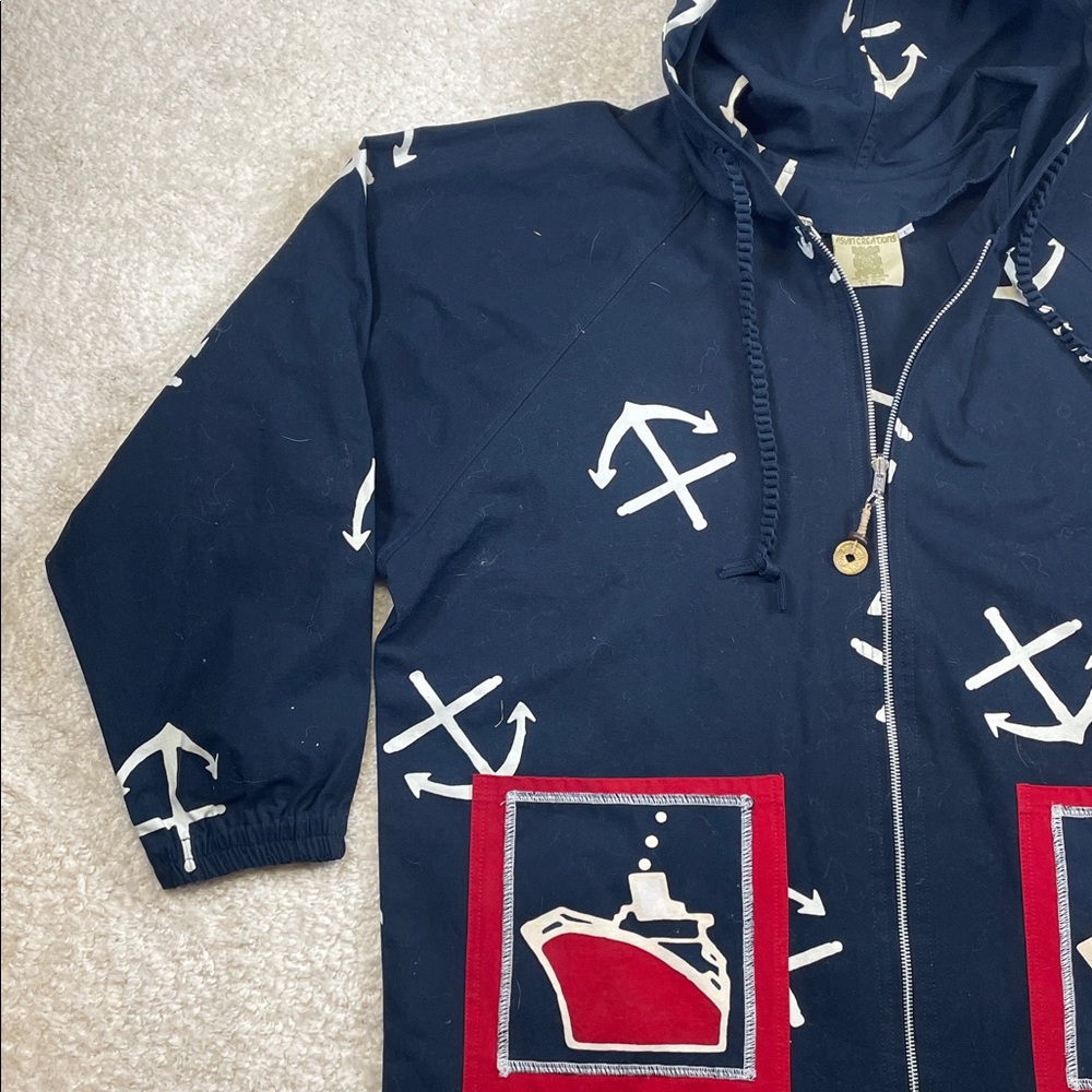 Asian Creations Nautical AnchorJacket Hooded Cotton Coat Oversized Women’s Large - Picture 3 of 7